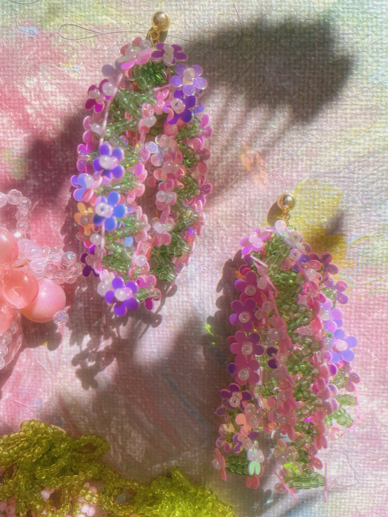 Pink and green cascading floral earrings