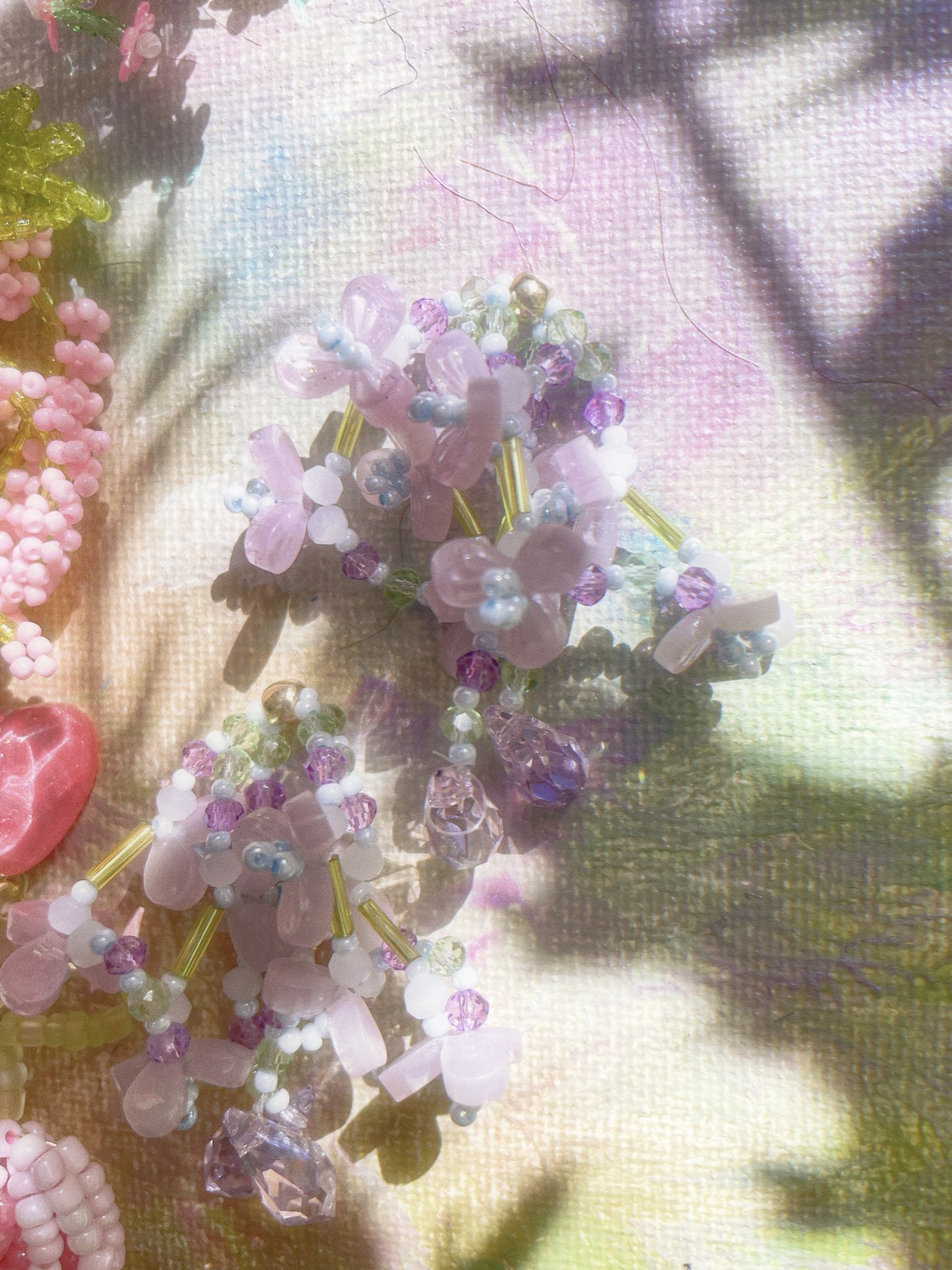 Lavender flower earrings with crystal-like drops